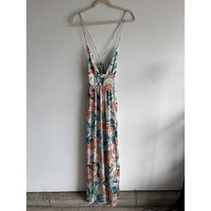 Hello Molly Tropical Abstract Print Cutout Maxi Dress Teal Orange Small